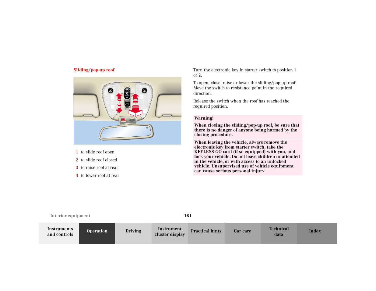 Sliding/pop-up roof | Mercedes-Benz 2001 CL 600 User Manual | Page 184 / 424