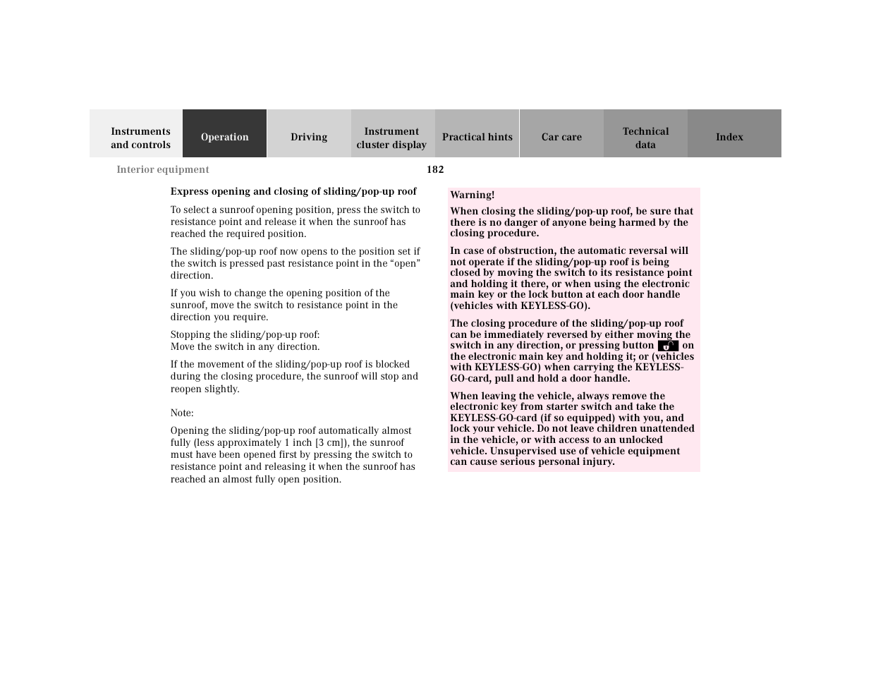 Express opening and closing of sliding/pop-up roof | Mercedes-Benz 2001 CL 600 User Manual | Page 185 / 424