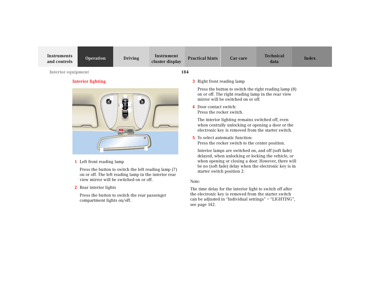 Interior lighting | Mercedes-Benz 2001 CL 600 User Manual | Page 187 / 424