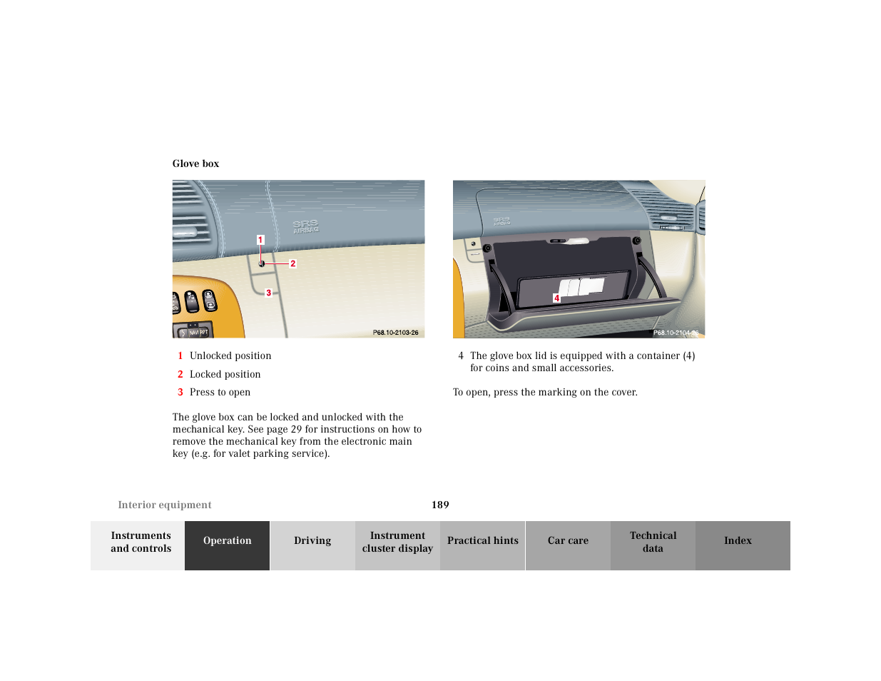 Glove box, P68.10-2104-26 | Mercedes-Benz 2001 CL 600 User Manual | Page 192 / 424