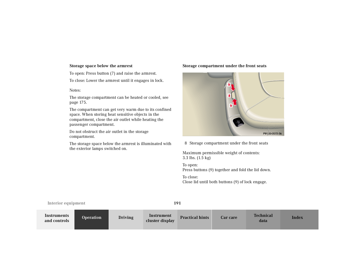 Storage space below the armrest, P91.00-xxxx-26 | Mercedes-Benz 2001 CL 600 User Manual | Page 194 / 424