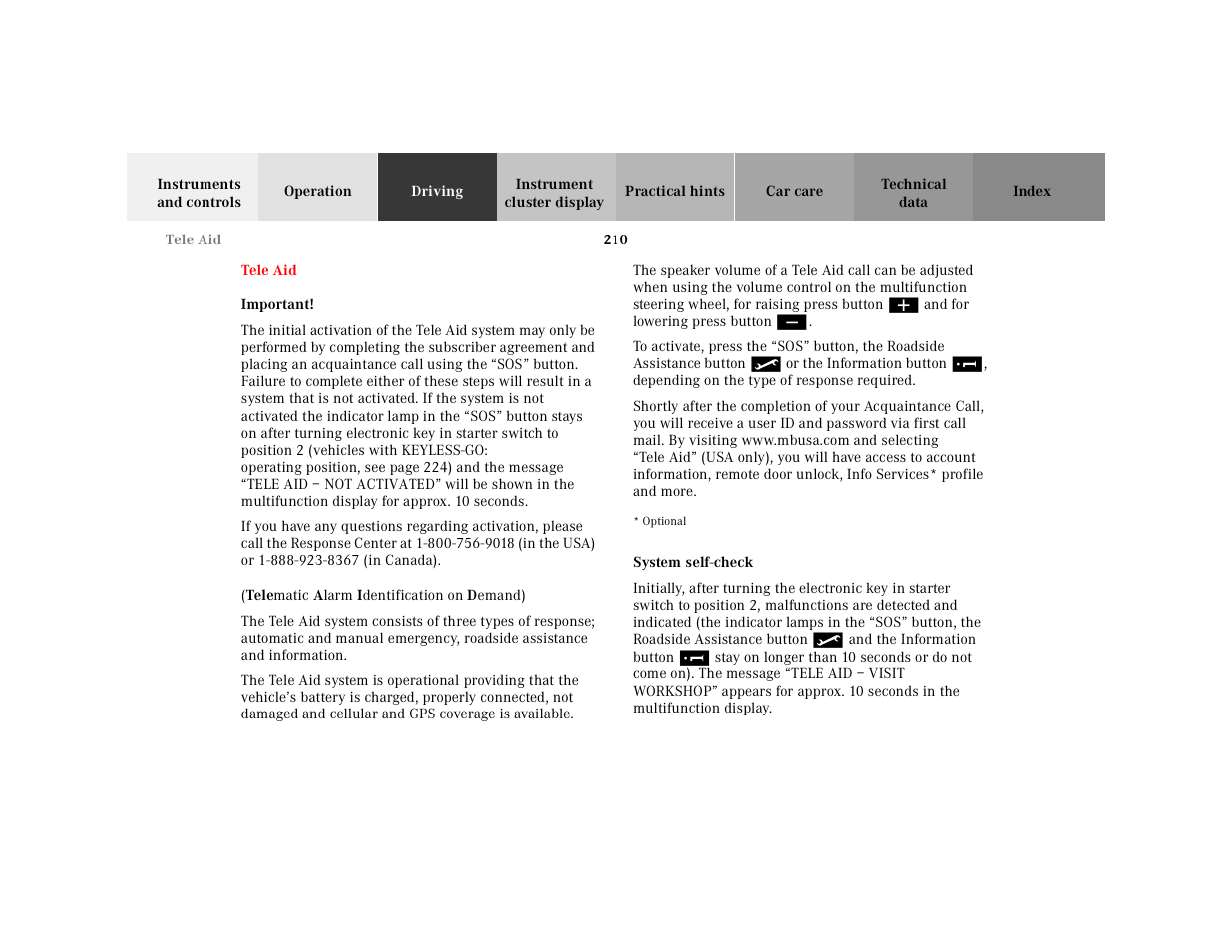 Tele aid, System self-check | Mercedes-Benz 2001 CL 600 User Manual | Page 215 / 424