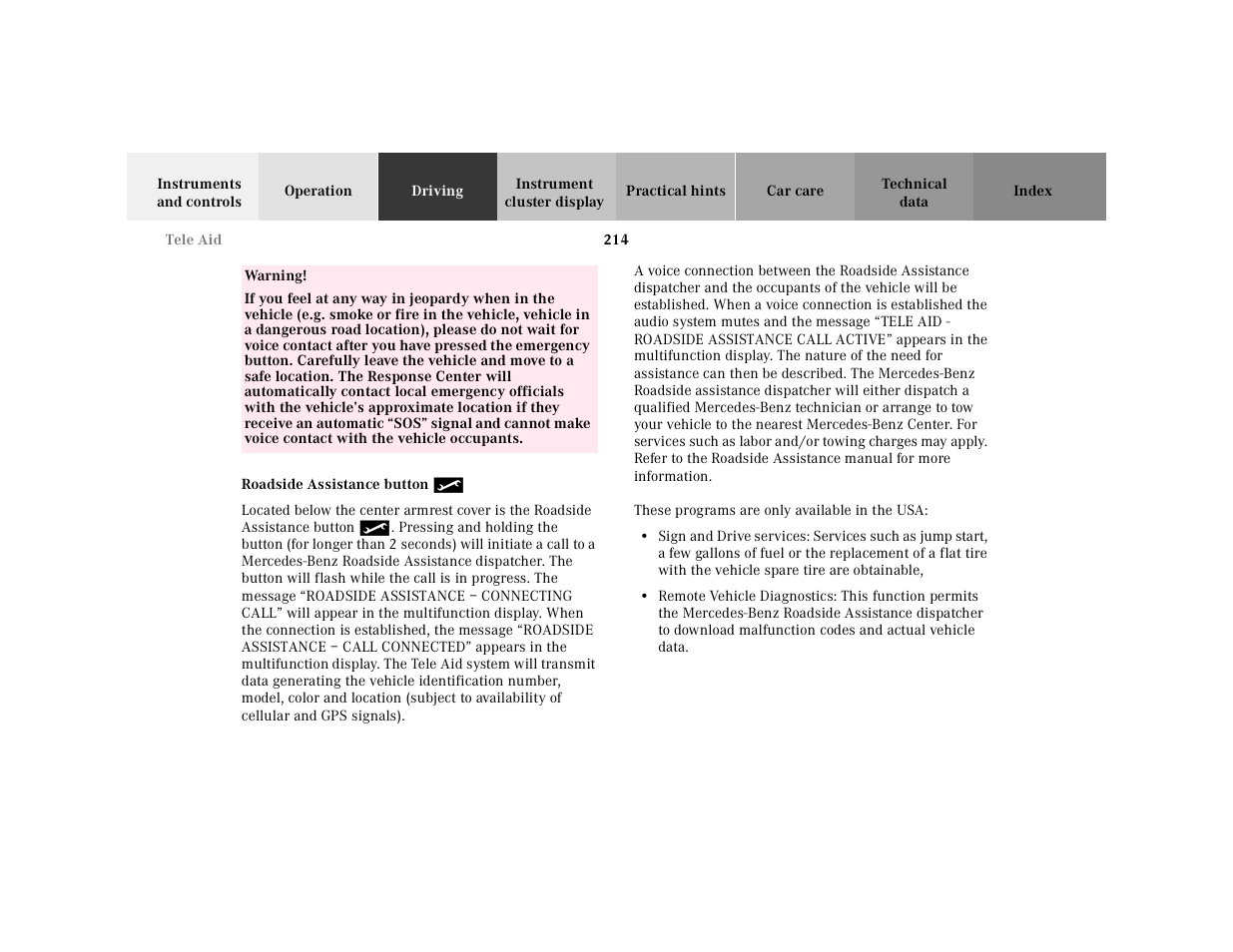 Tele aid:roadside assistance | Mercedes-Benz 2001 CL 600 User Manual | Page 219 / 424