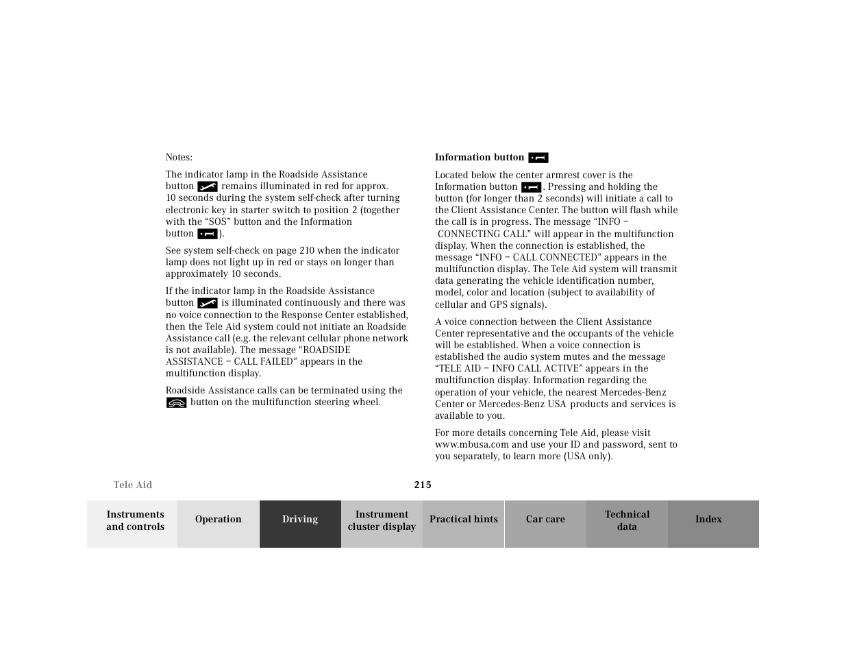 Tele aid:information | Mercedes-Benz 2001 CL 600 User Manual | Page 220 / 424
