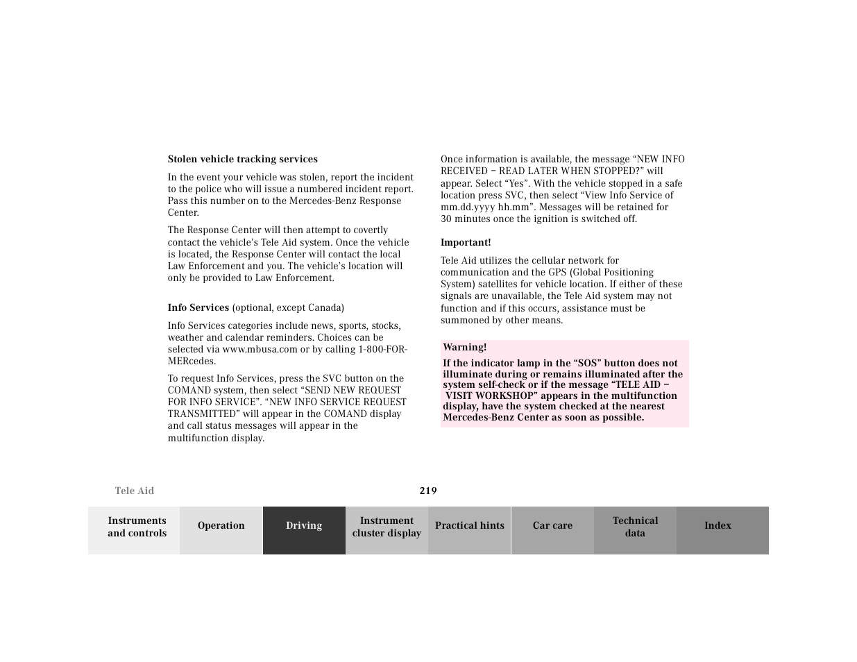 Stolen vehicle tracking services, Info services | Mercedes-Benz 2001 CL 600 User Manual | Page 224 / 424