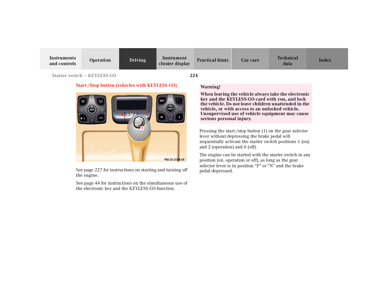 Starter switch – keyless-go | Mercedes-Benz 2001 CL 600 User Manual | Page 229 / 424