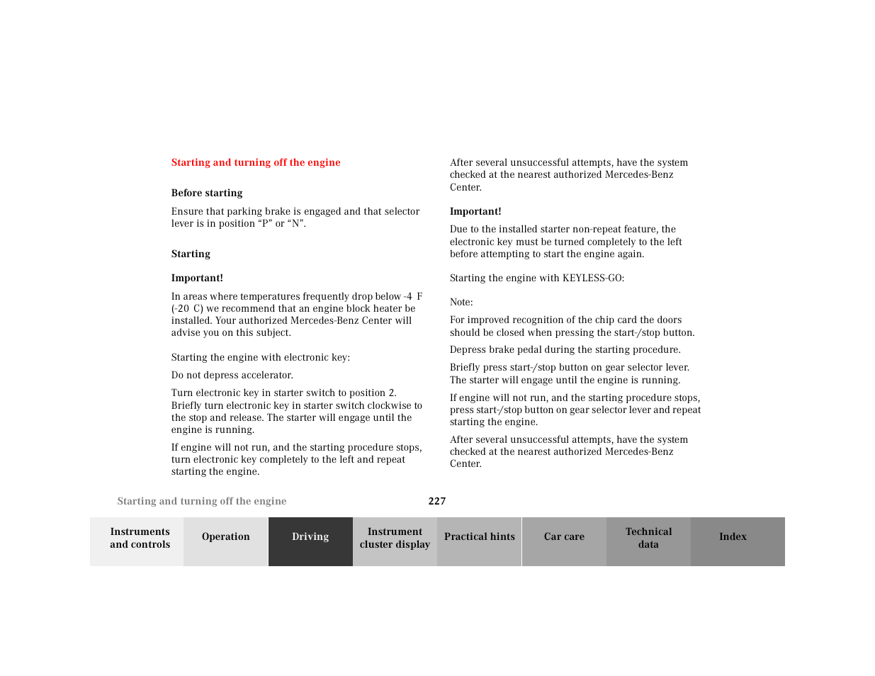 Starting and turning off the engine, Before starting, Starting the engine:electronic main key | Starting and turning off, The engine | Mercedes-Benz 2001 CL 600 User Manual | Page 232 / 424