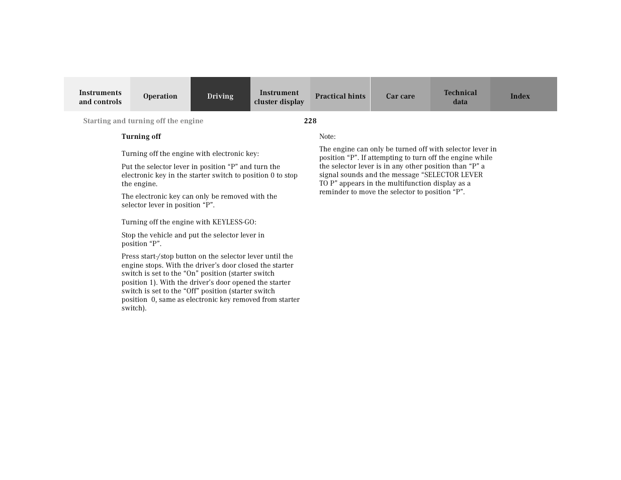 Turning off the engine:electronic main key | Mercedes-Benz 2001 CL 600 User Manual | Page 233 / 424