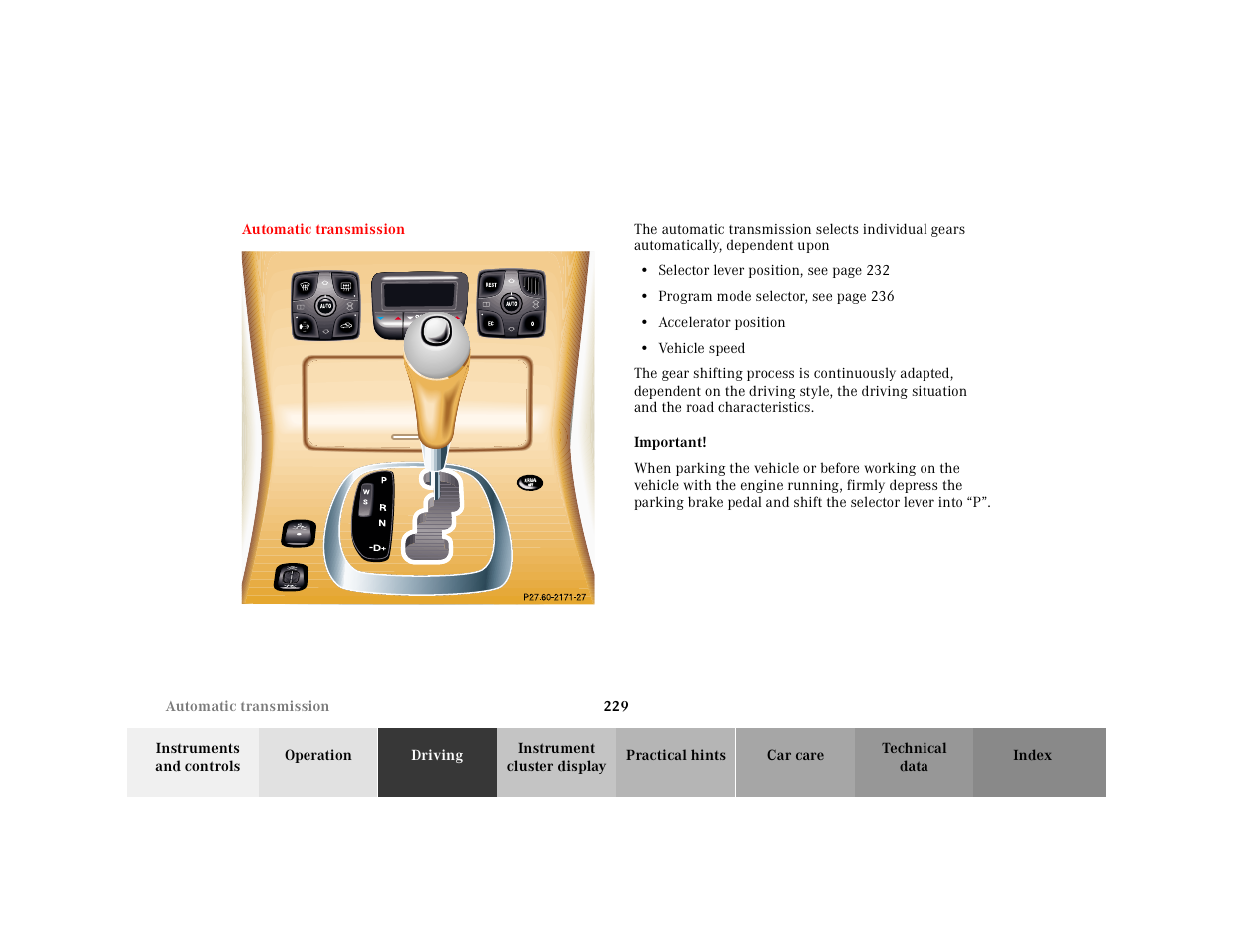 Automatic transmission | Mercedes-Benz 2001 CL 600 User Manual | Page 234 / 424