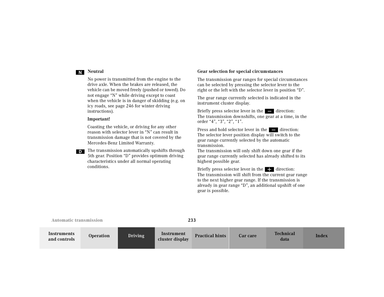 Gear selection for special circumstances | Mercedes-Benz 2001 CL 600 User Manual | Page 238 / 424