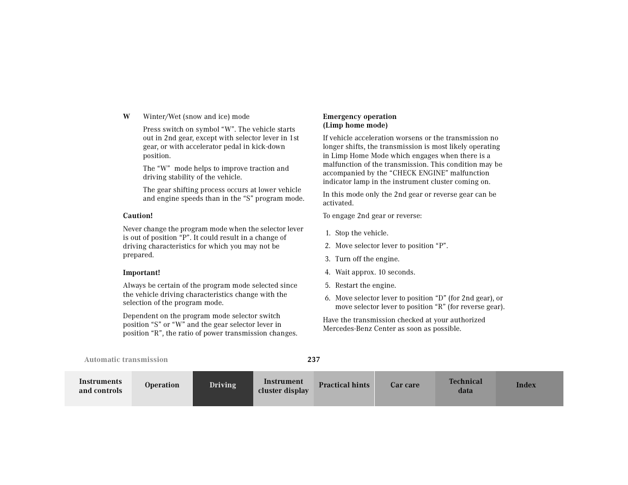 Automatic transmission:emergency operation | Mercedes-Benz 2001 CL 600 User Manual | Page 242 / 424