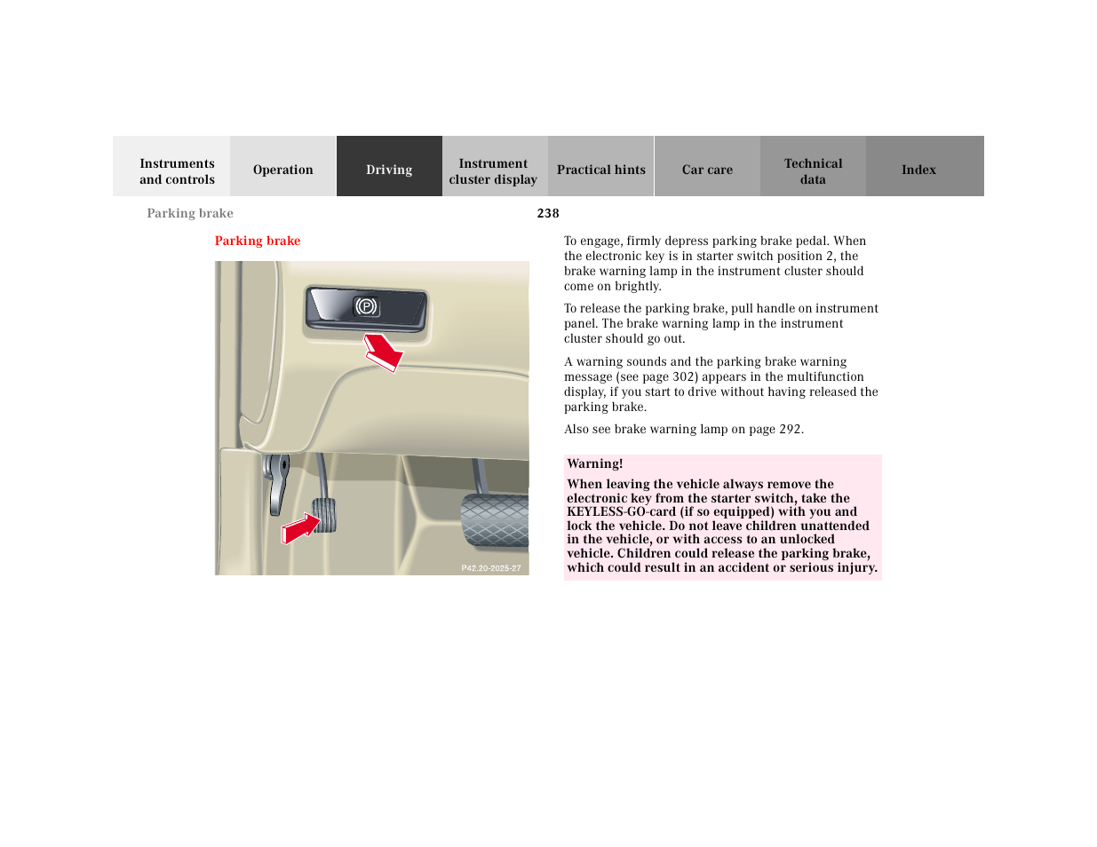 Parking brake | Mercedes-Benz 2001 CL 600 User Manual | Page 243 / 424