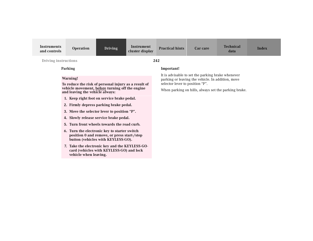 Parking | Mercedes-Benz 2001 CL 600 User Manual | Page 247 / 424