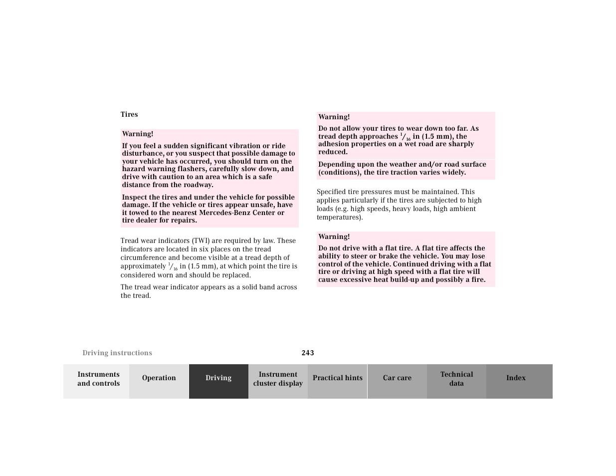 Tires | Mercedes-Benz 2001 CL 600 User Manual | Page 248 / 424