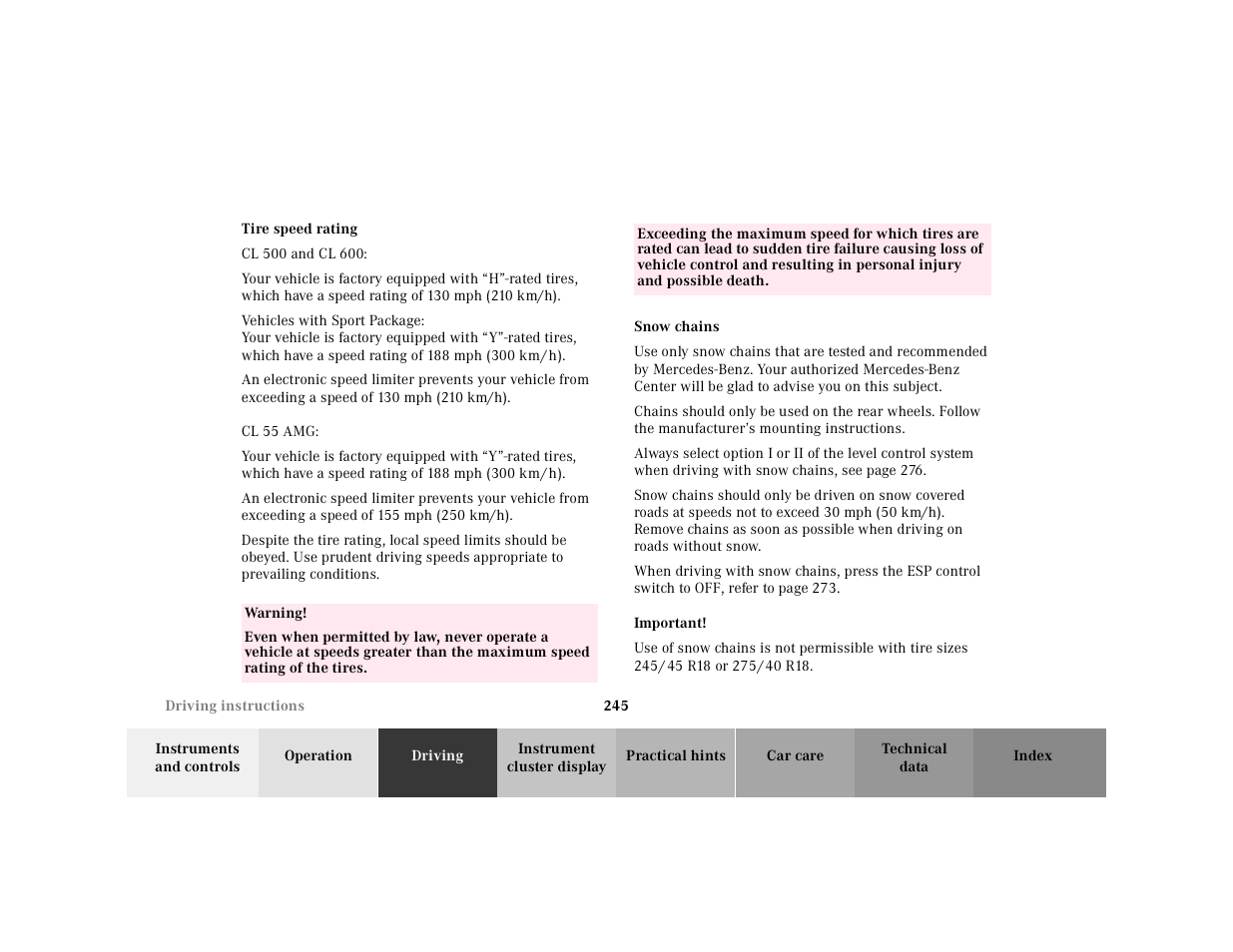 Snow chains | Mercedes-Benz 2001 CL 600 User Manual | Page 250 / 424