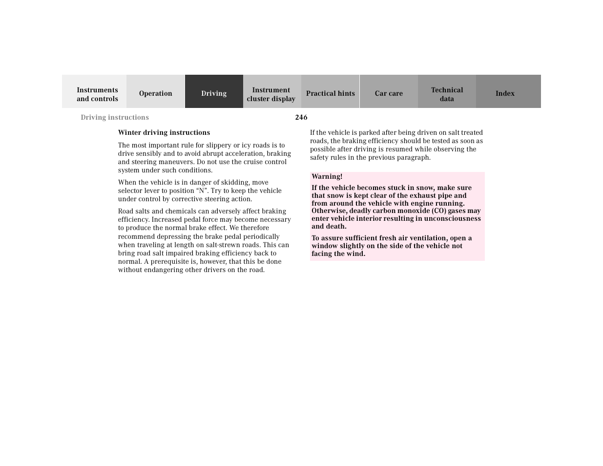 Winter driving instructions | Mercedes-Benz 2001 CL 600 User Manual | Page 251 / 424