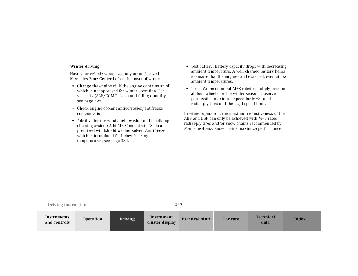 Winter driving | Mercedes-Benz 2001 CL 600 User Manual | Page 252 / 424