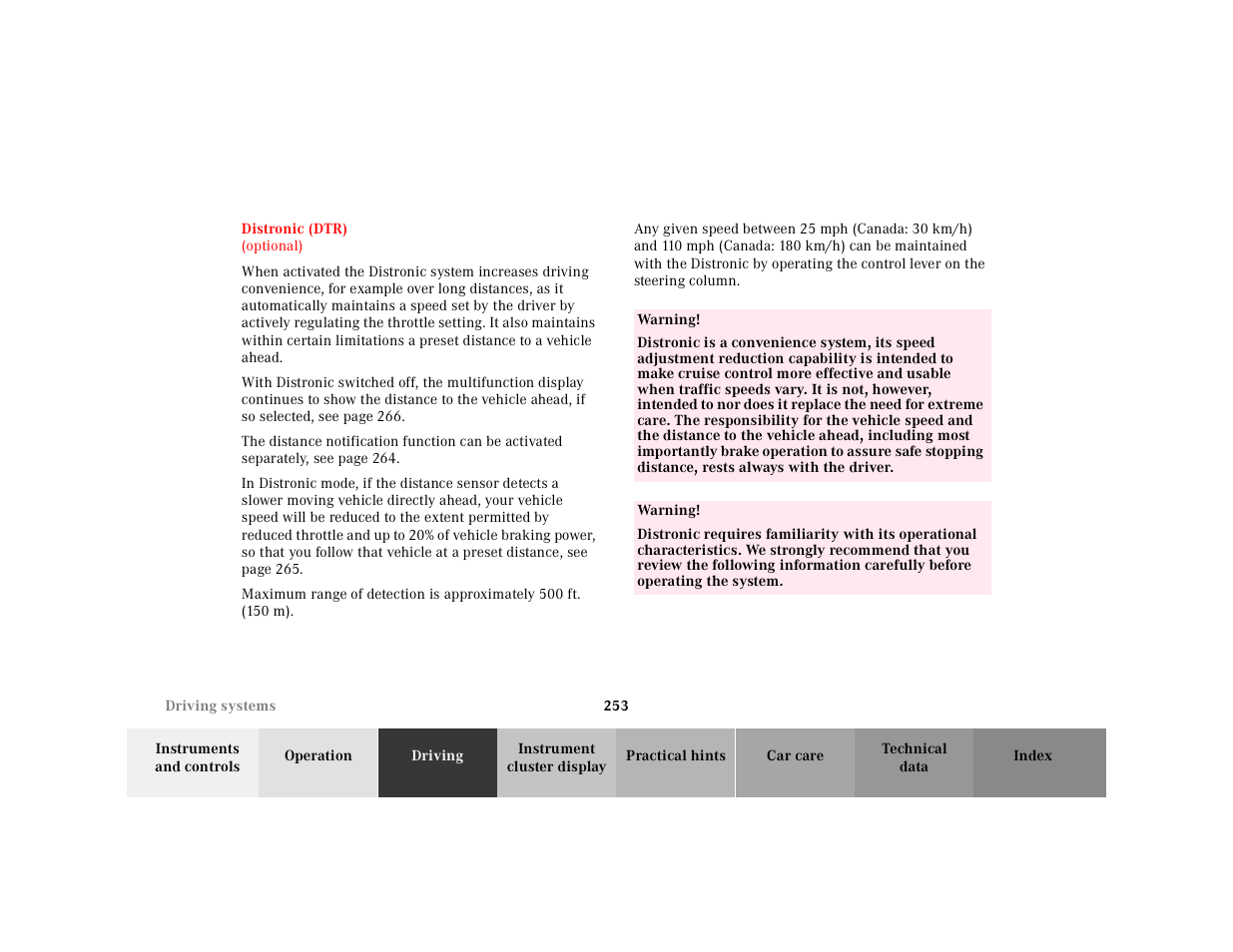 Distronic (dtr) | Mercedes-Benz 2001 CL 600 User Manual | Page 258 / 424