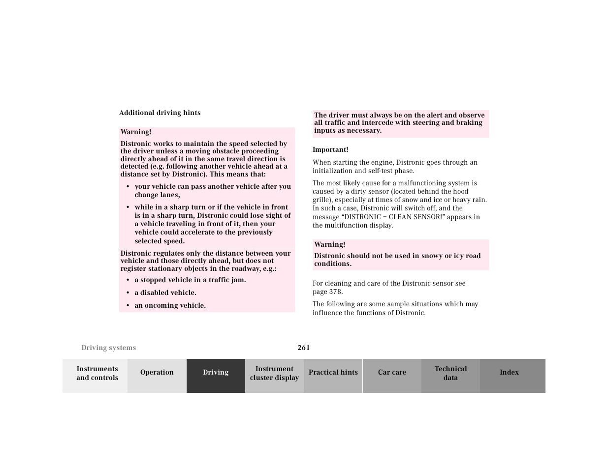 Distronic (dtr):additional driving hints | Mercedes-Benz 2001 CL 600 User Manual | Page 266 / 424