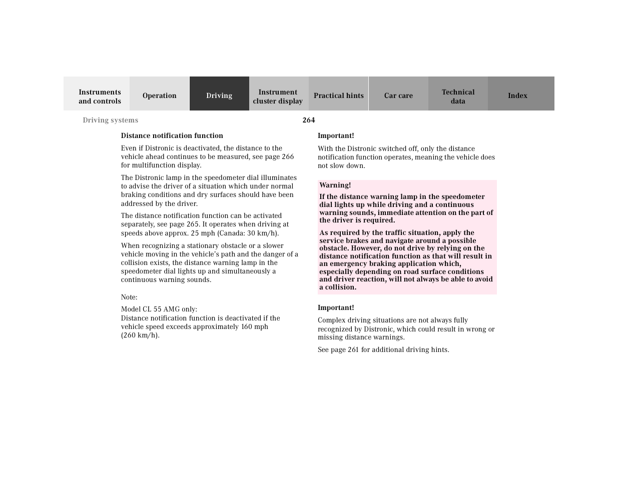 Distronic (dtr):distance warning function | Mercedes-Benz 2001 CL 600 User Manual | Page 269 / 424