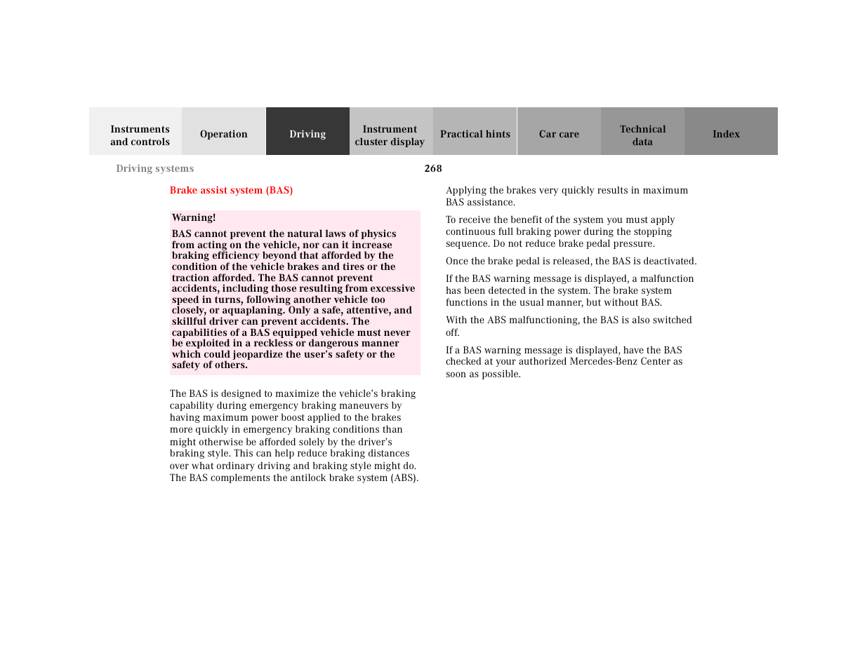 Brake assist system (bas), Brake assist system, Bas) | Mercedes-Benz 2001 CL 600 User Manual | Page 273 / 424