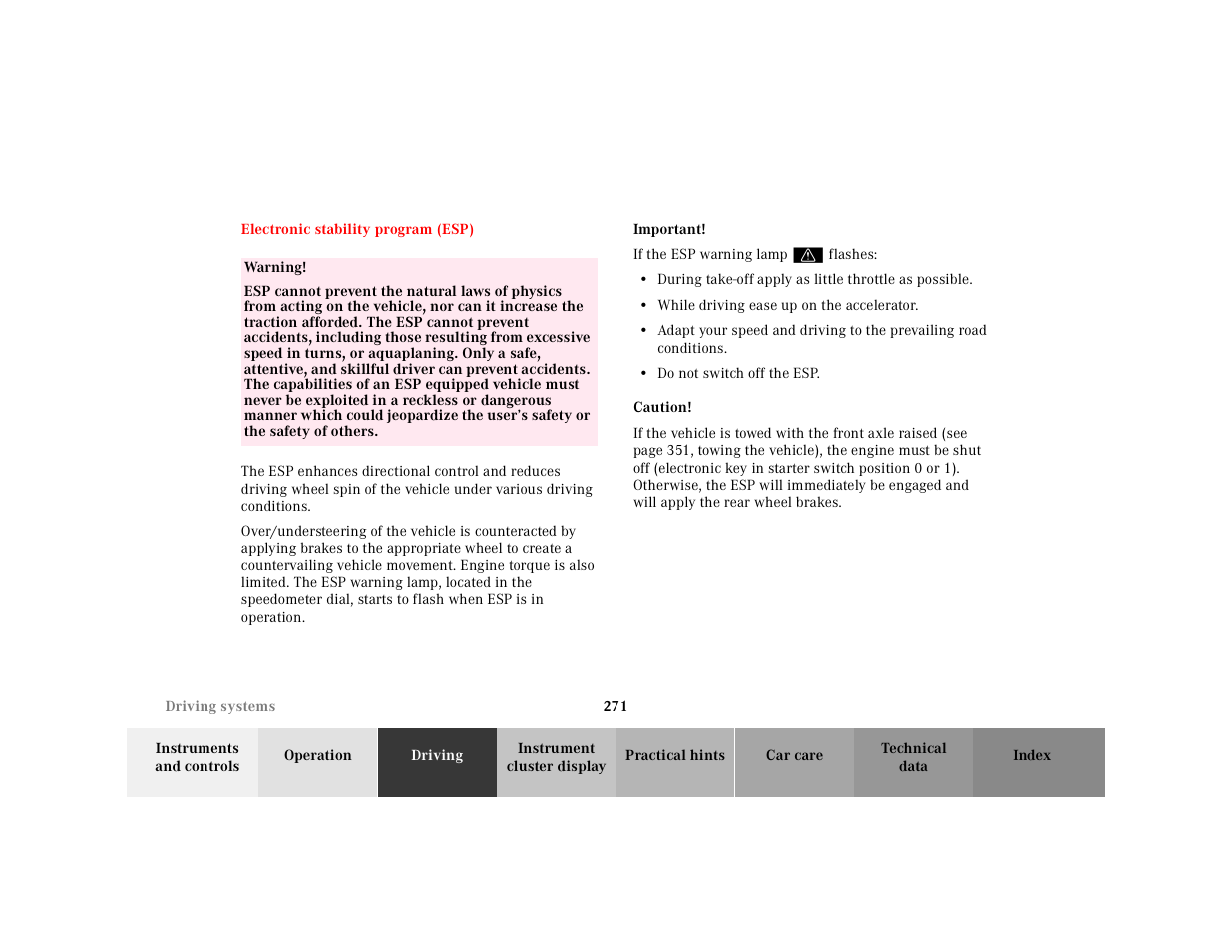 Electronic stability program (esp), Electronic stability program, Esp) | Mercedes-Benz 2001 CL 600 User Manual | Page 276 / 424
