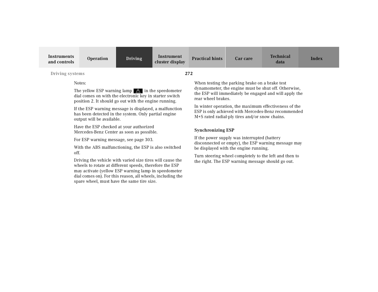 Esp (electronic stability program):synchronizing | Mercedes-Benz 2001 CL 600 User Manual | Page 277 / 424