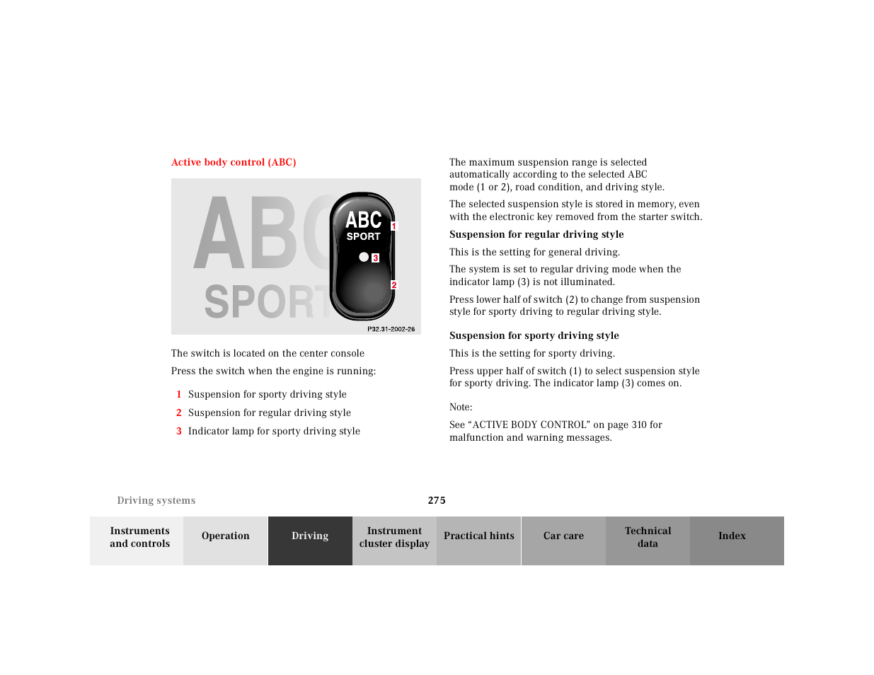 Active body control (abc) | Mercedes-Benz 2001 CL 600 User Manual | Page 280 / 424