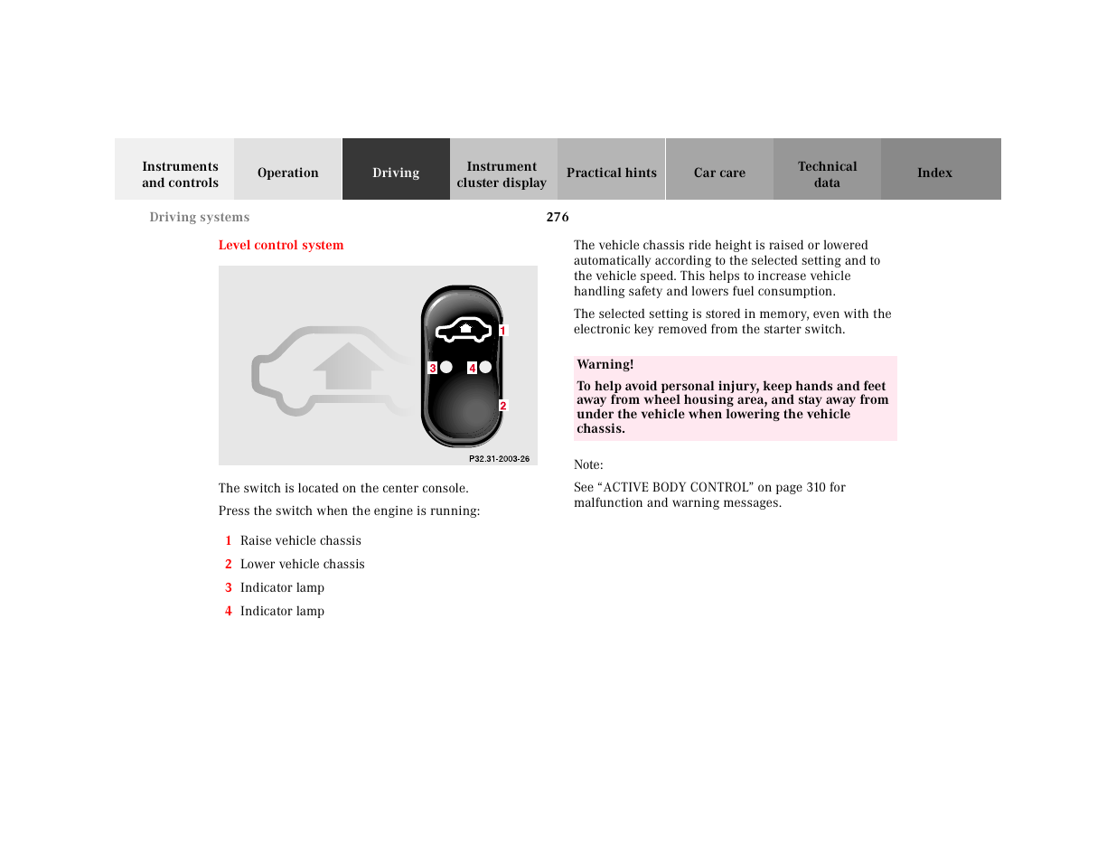 Level control system | Mercedes-Benz 2001 CL 600 User Manual | Page 281 / 424