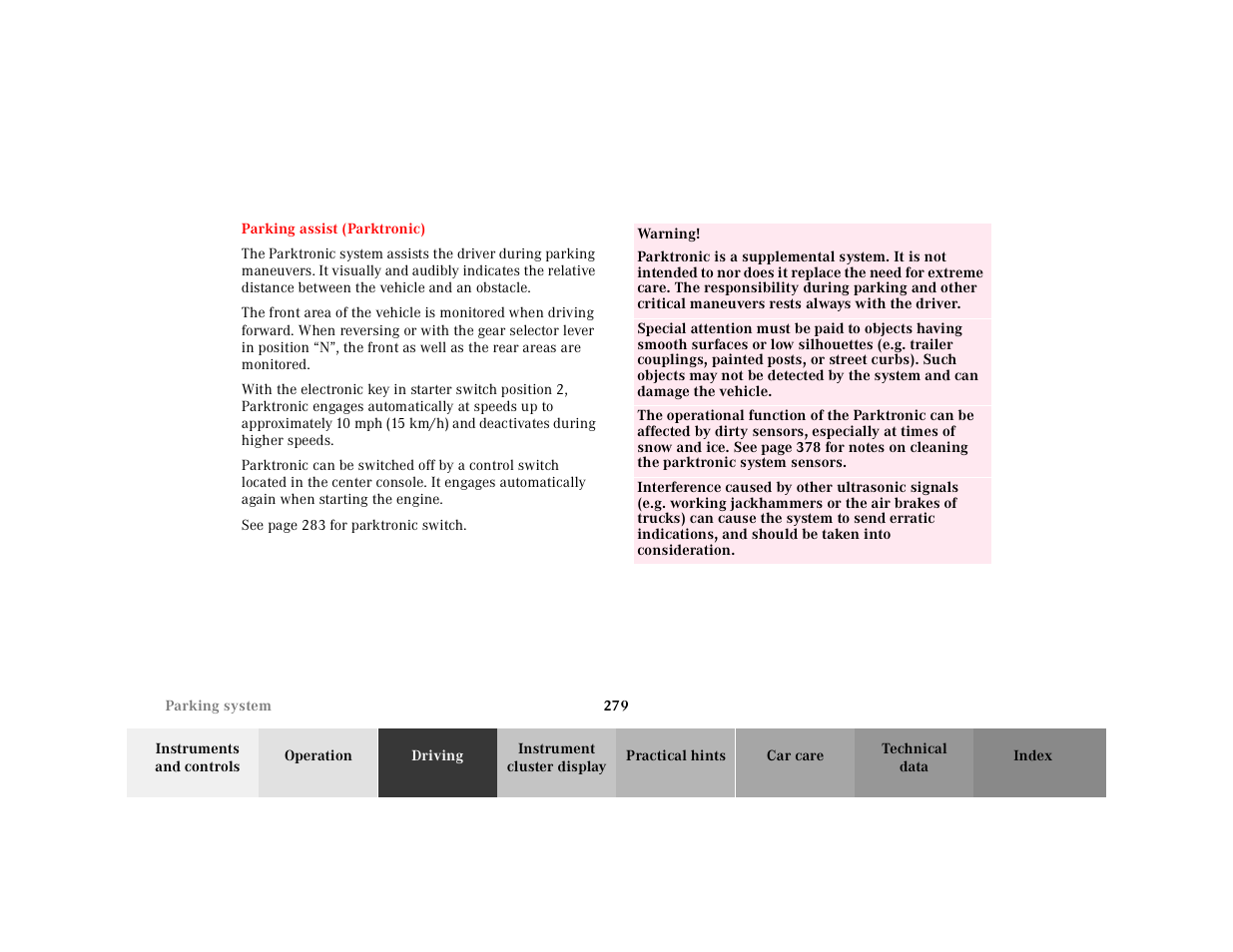 Parking assist (parktronic) | Mercedes-Benz 2001 CL 600 User Manual | Page 284 / 424