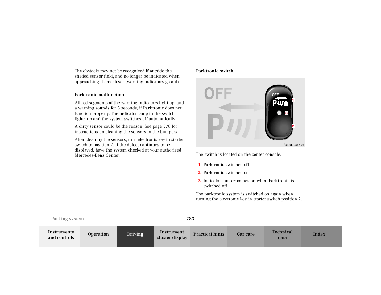 Parktronic malfunction, P54.65-0317-26 | Mercedes-Benz 2001 CL 600 User Manual | Page 288 / 424