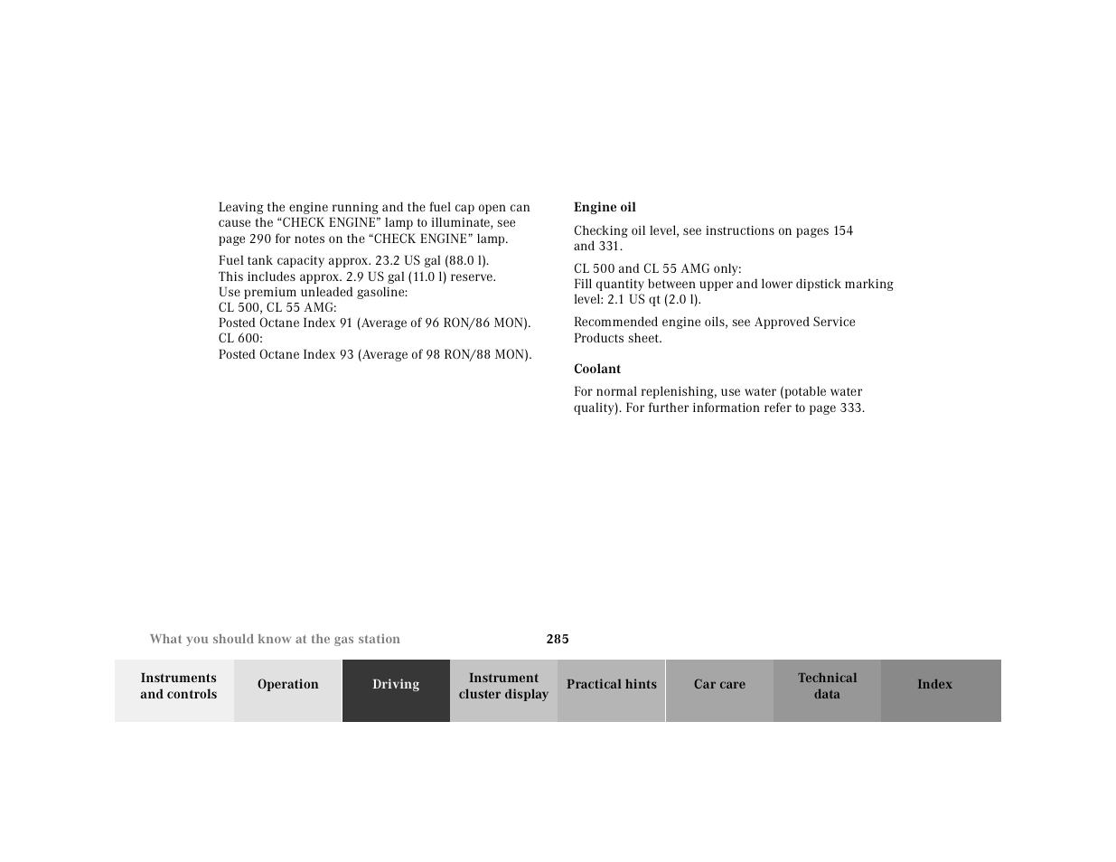 Mercedes-Benz 2001 CL 600 User Manual | Page 290 / 424