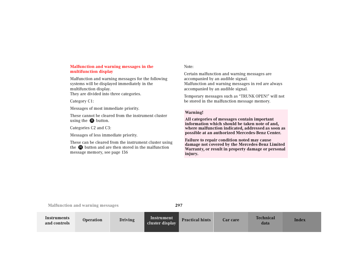 Malfunction and, Warning messages in the multifunction display | Mercedes-Benz 2001 CL 600 User Manual | Page 303 / 424