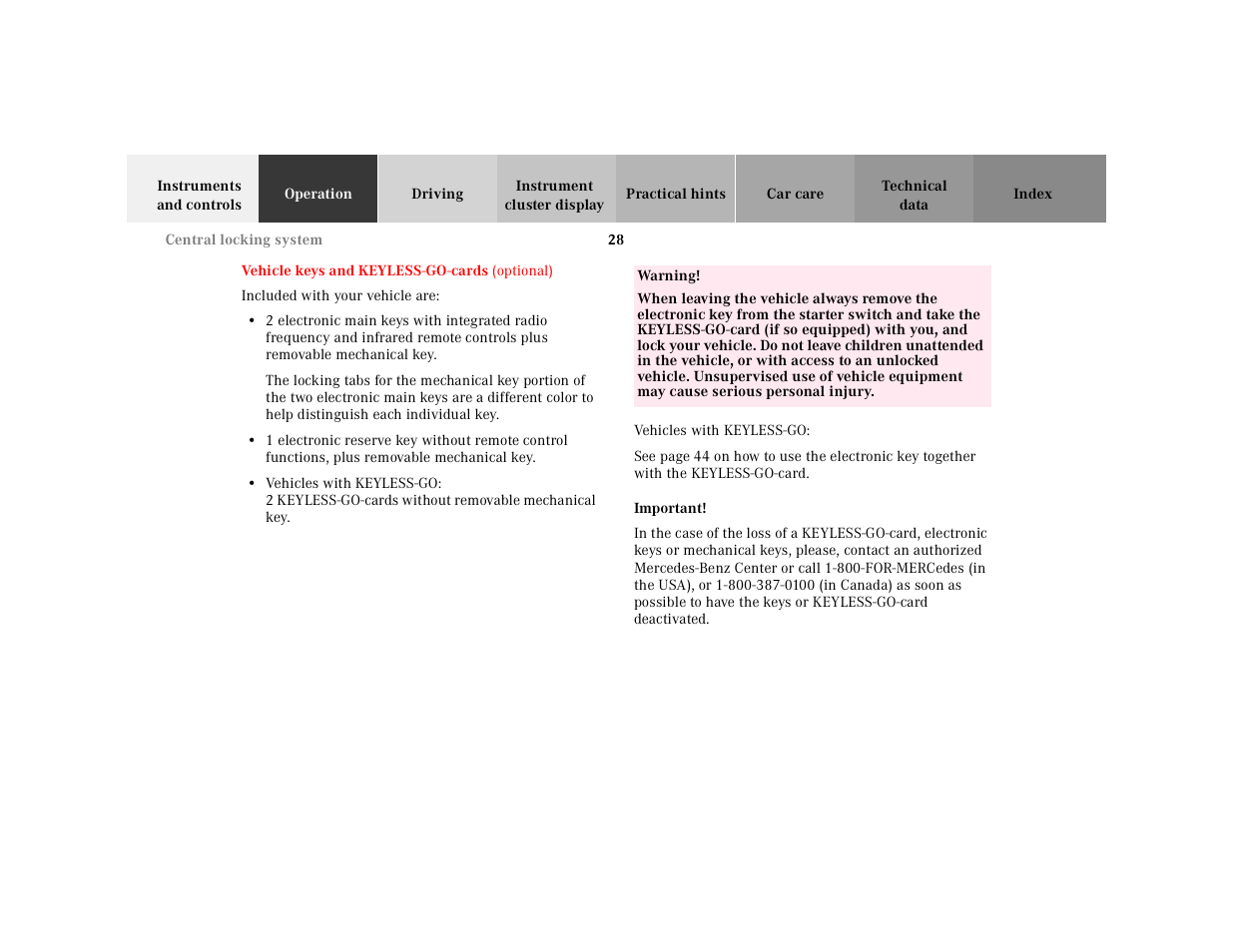 Operation, Vehicle keys | Mercedes-Benz 2001 CL 600 User Manual | Page 31 / 424