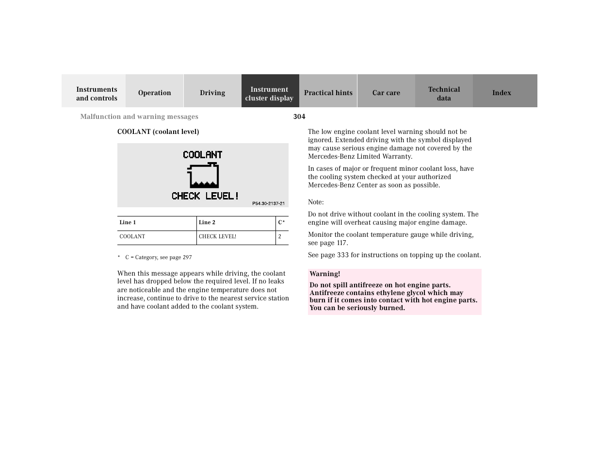 Coolant (coolant level) | Mercedes-Benz 2001 CL 600 User Manual | Page 310 / 424