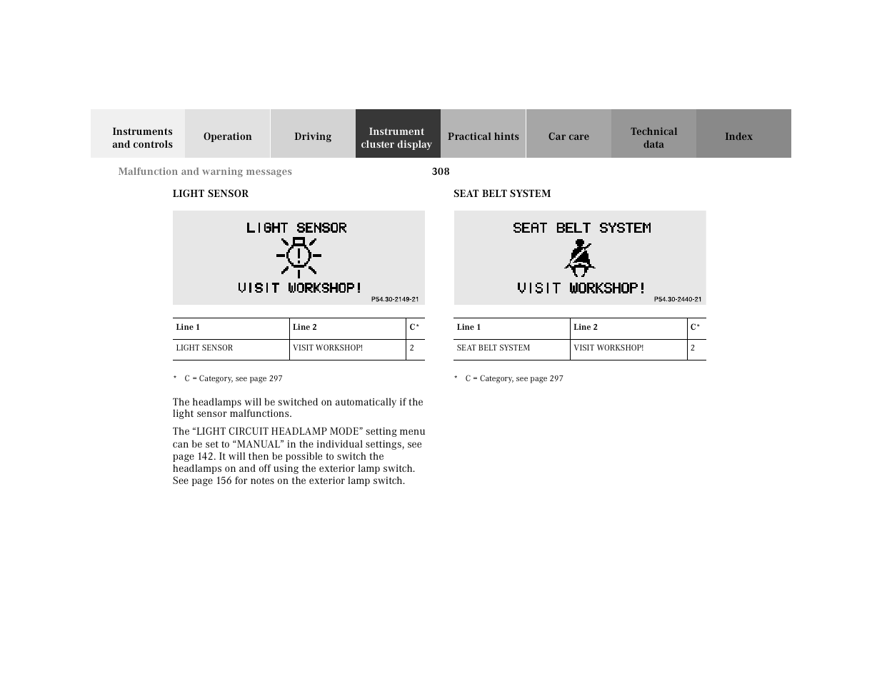 Light sensor, Seat belt system, Light sensor seat belt system | Mercedes-Benz 2001 CL 600 User Manual | Page 314 / 424