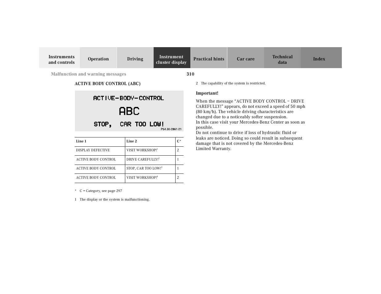 Active body control (abc) | Mercedes-Benz 2001 CL 600 User Manual | Page 316 / 424