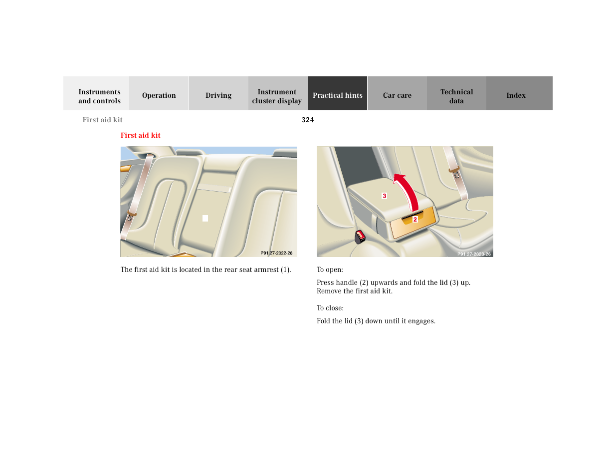 Practical hints, P91.27-2012-26, First aid kit | Mercedes-Benz 2001 CL 600 User Manual | Page 330 / 424
