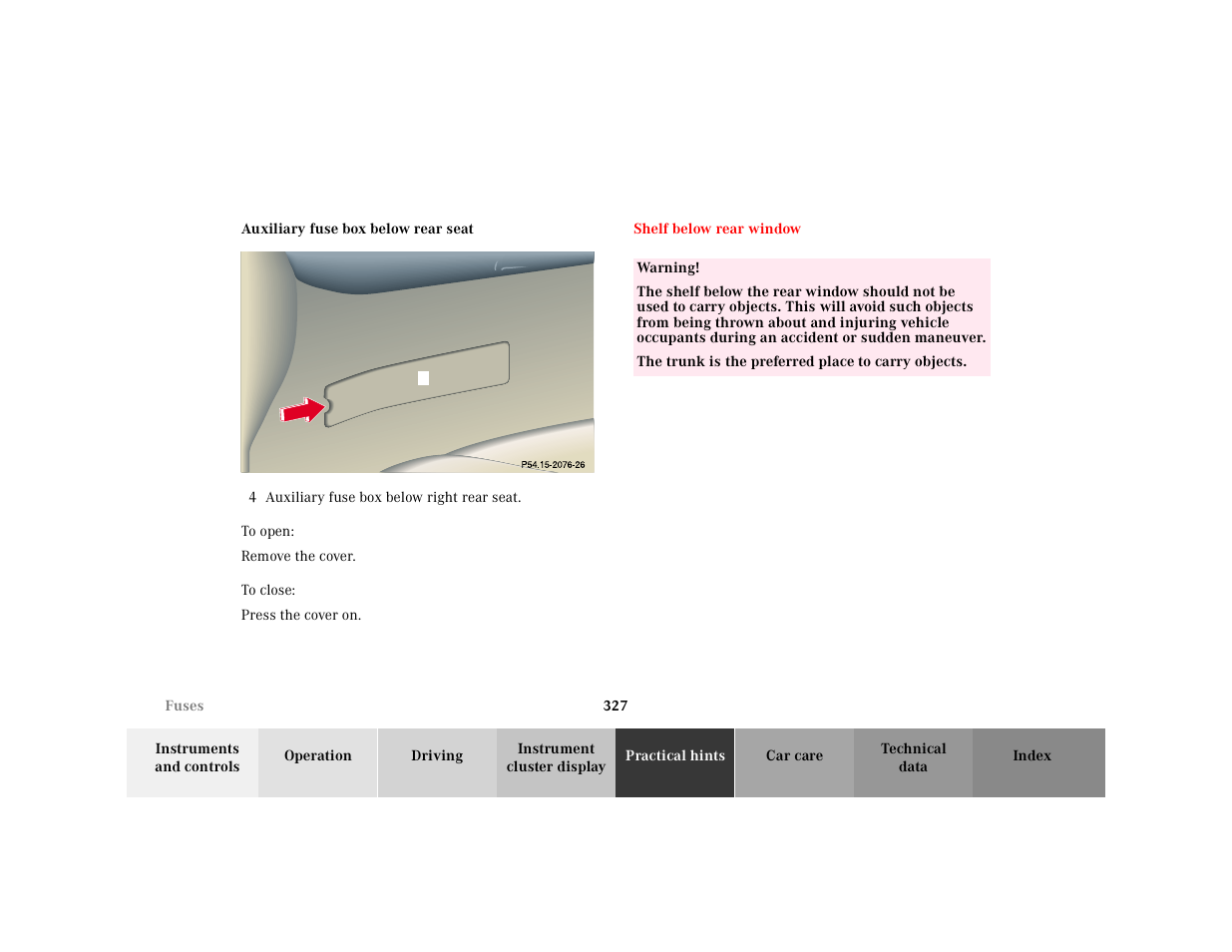 P54.15-2076-26, Shelf below rear window | Mercedes-Benz 2001 CL 600 User Manual | Page 333 / 424