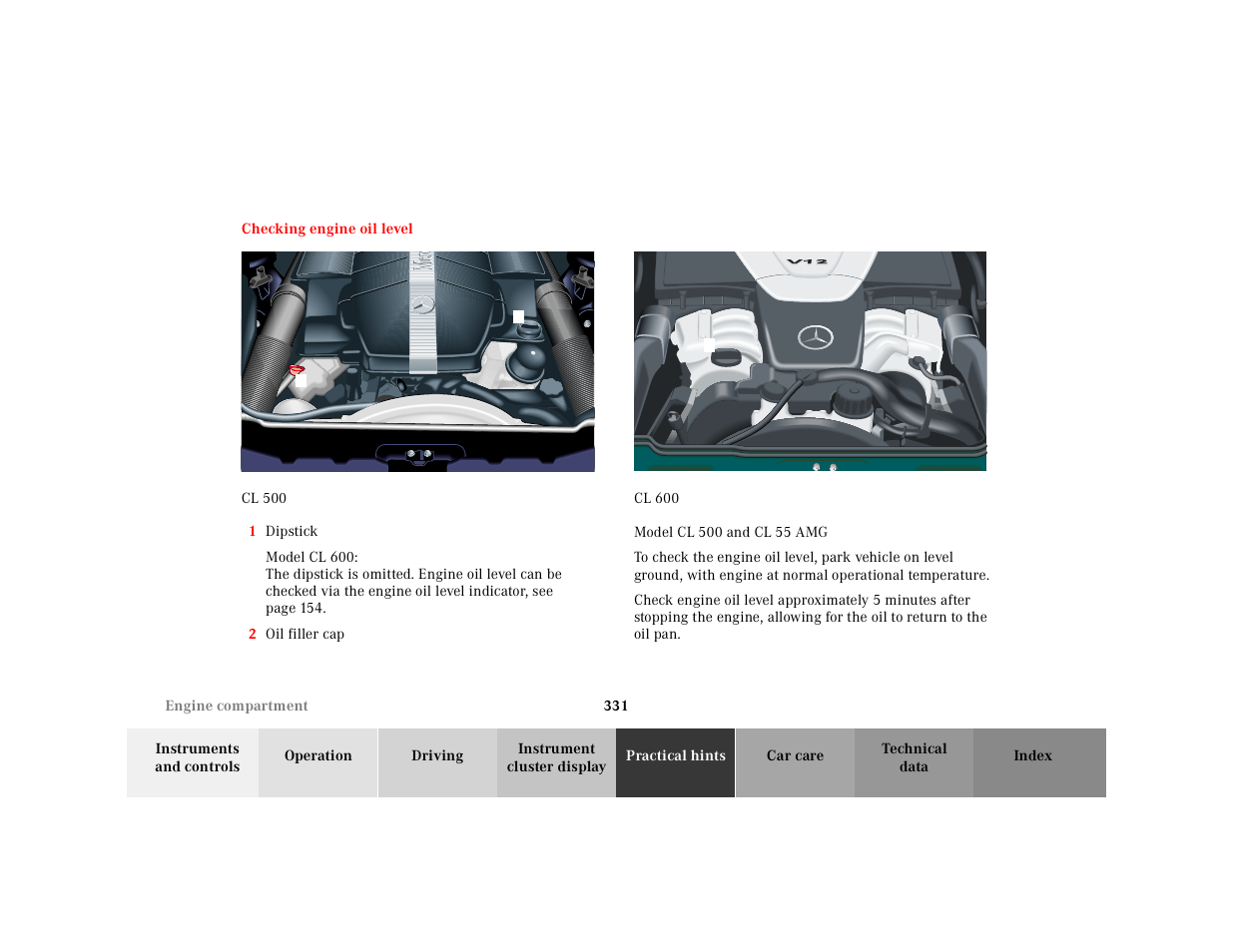 Checking engine oil level, P18.40-xxxx-26 | Mercedes-Benz 2001 CL 600 User Manual | Page 337 / 424