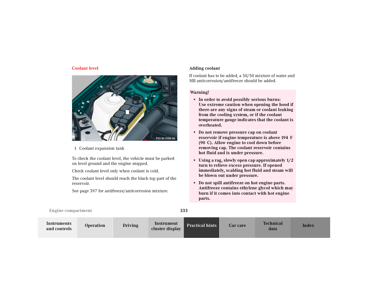 Coolant level, Adding coolant | Mercedes-Benz 2001 CL 600 User Manual | Page 339 / 424