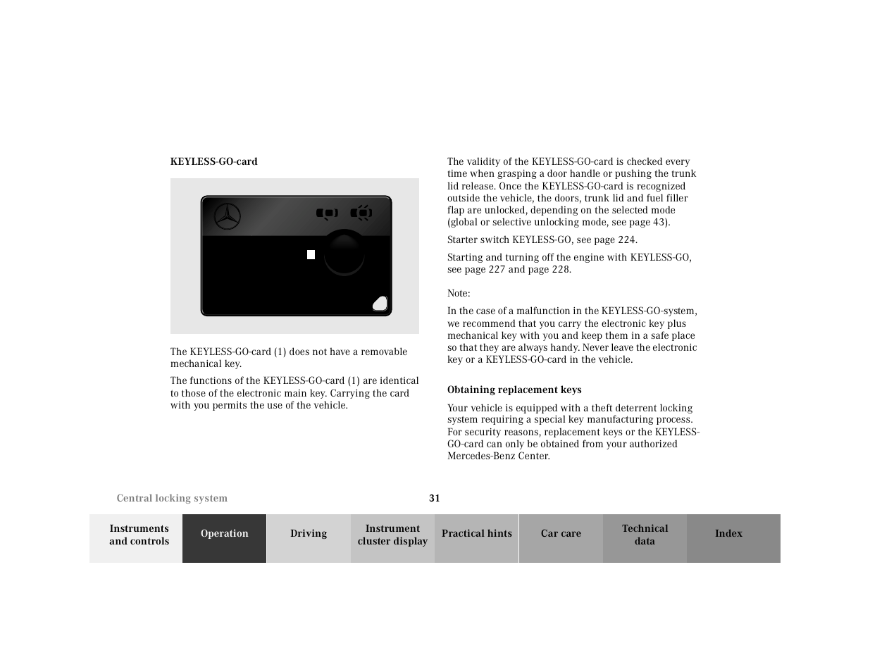 Keyless-go-card, Replacement keys:obtaining | Mercedes-Benz 2001 CL 600 User Manual | Page 34 / 424