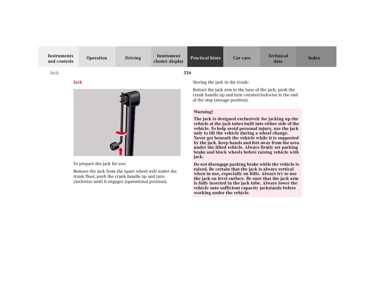 Jack | Mercedes-Benz 2001 CL 600 User Manual | Page 342 / 424