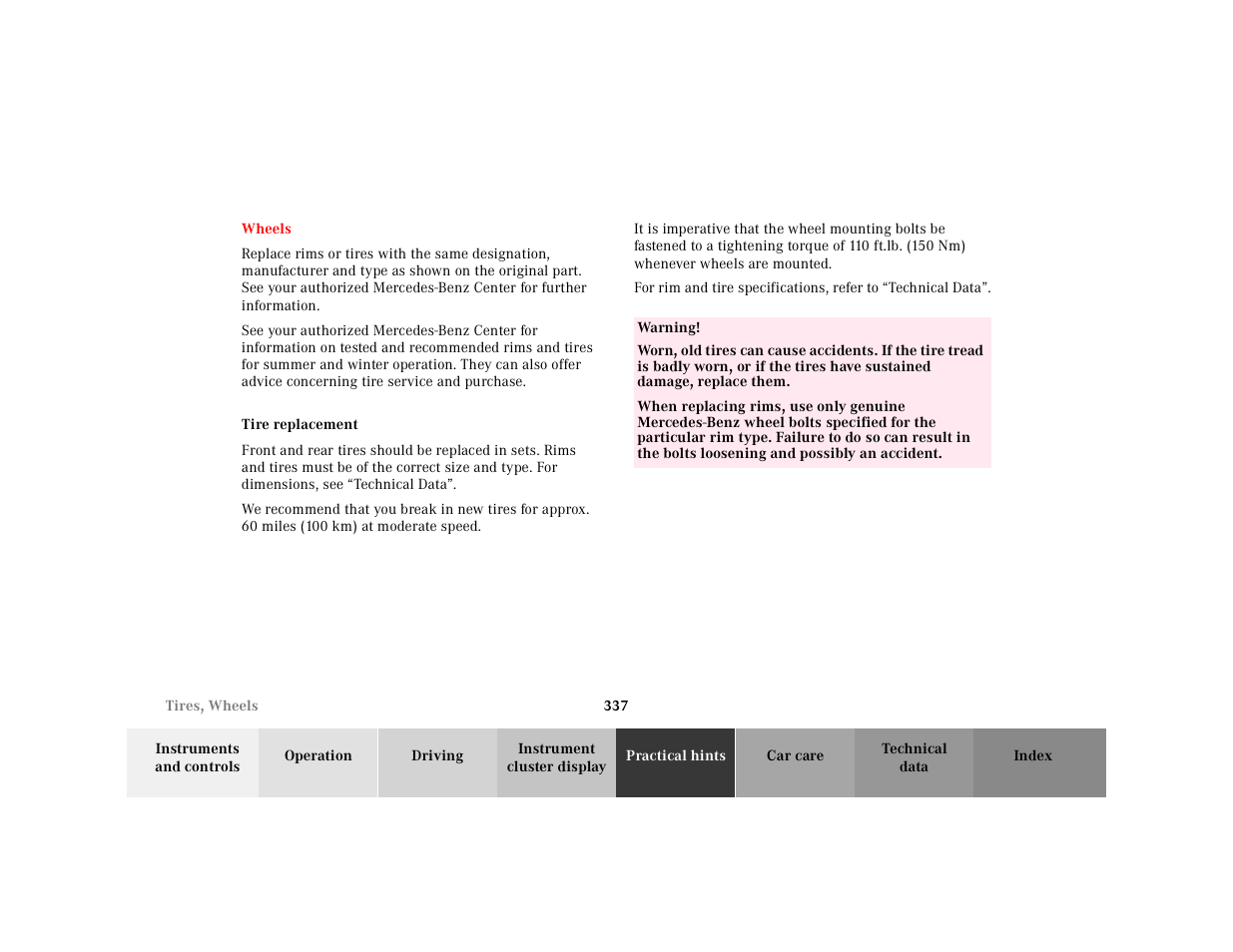 Wheels, Tire replacement | Mercedes-Benz 2001 CL 600 User Manual | Page 343 / 424