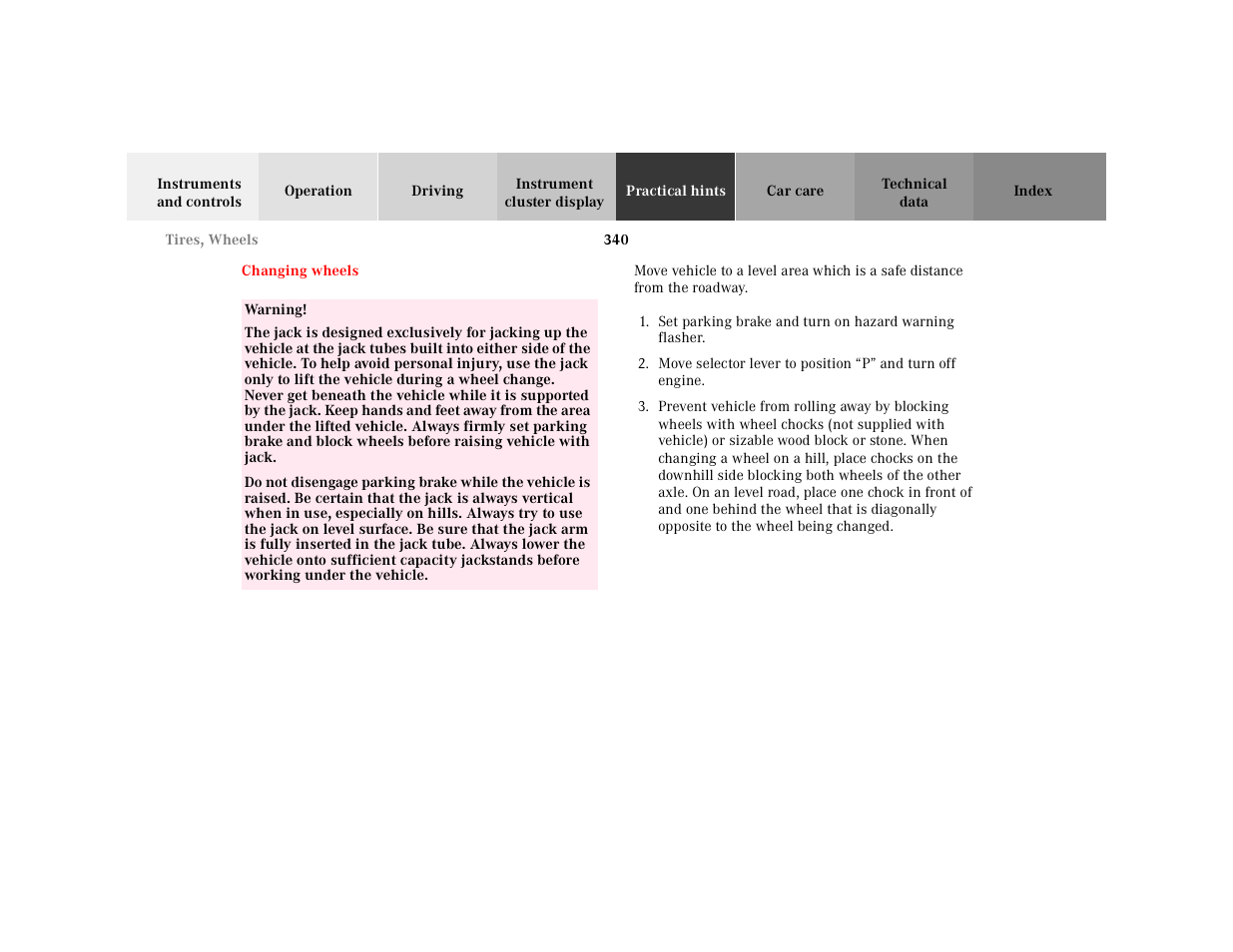 Changing wheels | Mercedes-Benz 2001 CL 600 User Manual | Page 346 / 424