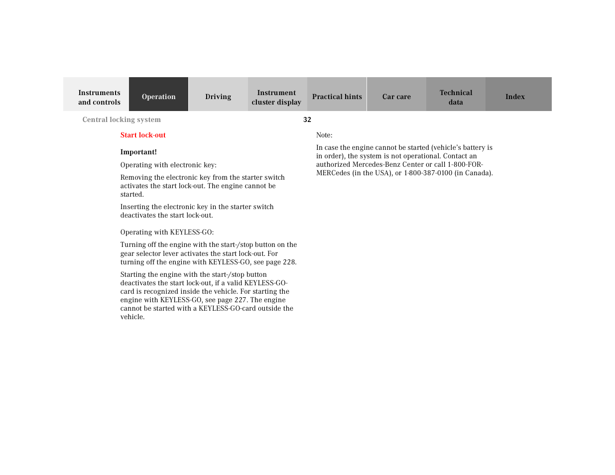 Start lock-out | Mercedes-Benz 2001 CL 600 User Manual | Page 35 / 424