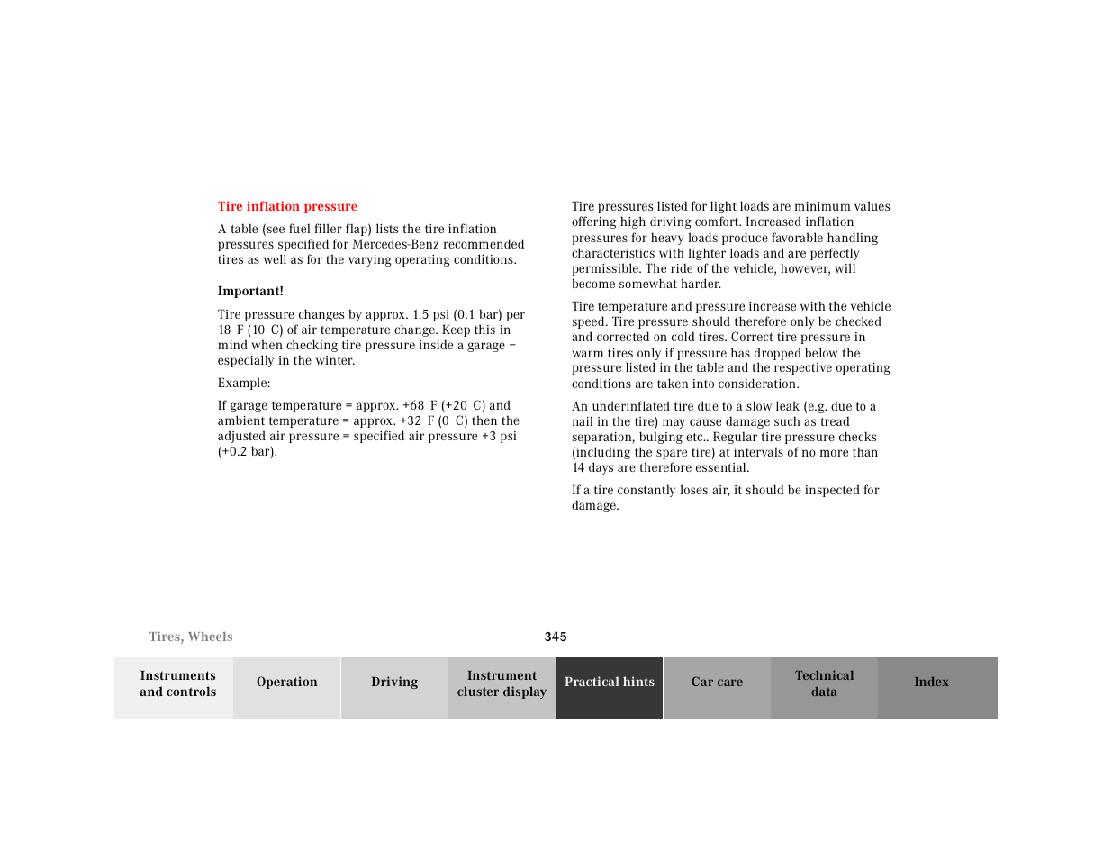 Tire inflation pressure | Mercedes-Benz 2001 CL 600 User Manual | Page 351 / 424