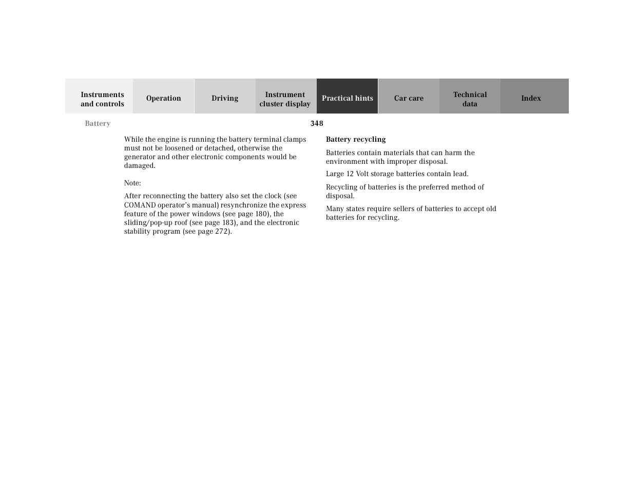Battery:battery recycling | Mercedes-Benz 2001 CL 600 User Manual | Page 354 / 424
