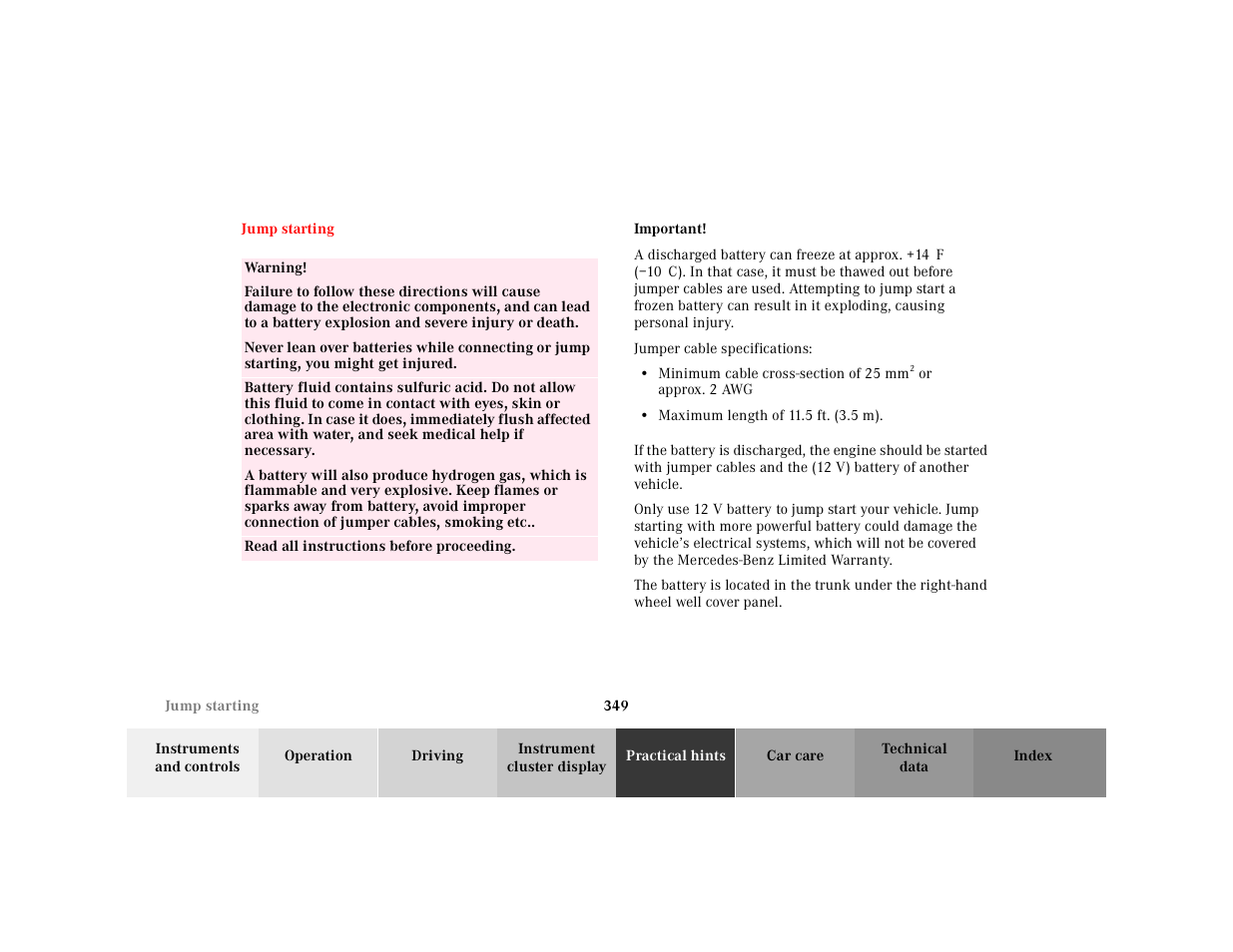 Jump starting | Mercedes-Benz 2001 CL 600 User Manual | Page 355 / 424