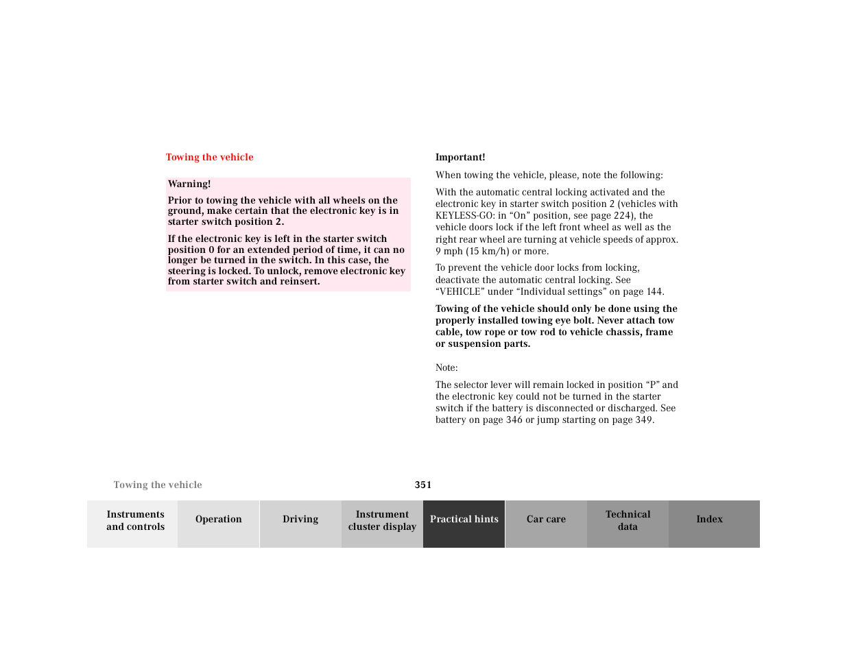 Towing the vehicle | Mercedes-Benz 2001 CL 600 User Manual | Page 357 / 424